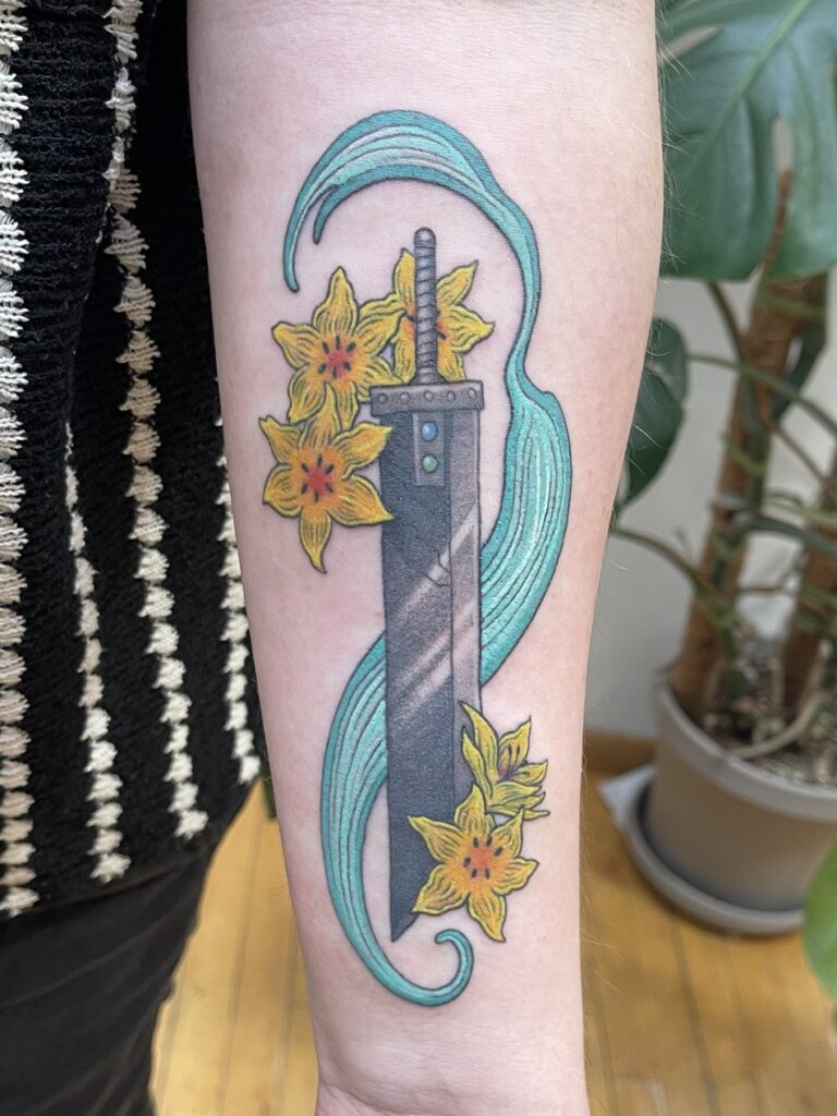 a tattoo of the Buster sword from Final Fantasy 7 in color with some lilies around it and the lifestream behind it